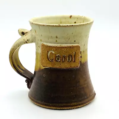 Village Potter Coffee Mug Cup 3 Tone Brown Personalized CAROL Thumb Rest Handle • $15.16