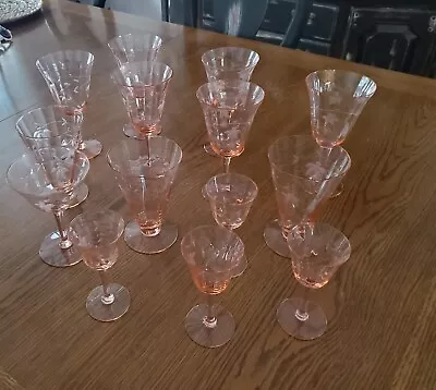 Vintage Depression Pink Floral Glassware 14 Piece Set • $75