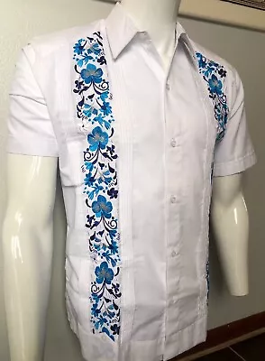 Mens Guayabera Wedding Shirt White Linen Blue Flower Embroidery Short Sleeve • $65