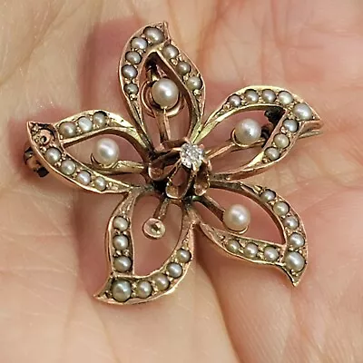 Antique 10K Yellow Gold Seed Pearls & Diamond Sunburst Pendant Pin Brooch • $195