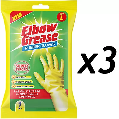 3 X Elbow Grease Rubber Gloves Kitchen Bathroom Super Strong Cotton Lined Large • £7.41