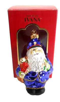 POSTMAN Santa Claus House Of Ivana Glass Ornament Blue Outfit Mailbag Gifts Vtg • $18.95