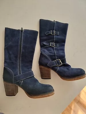 Destroy. Size 40 Demin Blue Suede Leather Buckle Detail Heel Boot Like New  • $185