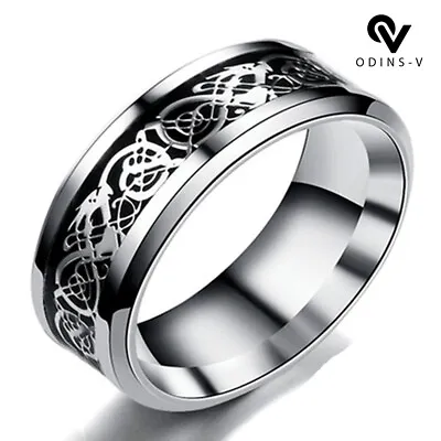 Men's Ring Dragon Celtic Tungsten Titanium Steel Wedding Fashion Band 8mm Silver • £3.99