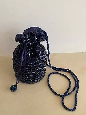 Vintage Bechamel Art Deco Style Dark Blue Glass Beaded Drawstring Flapper Purse • $14.99