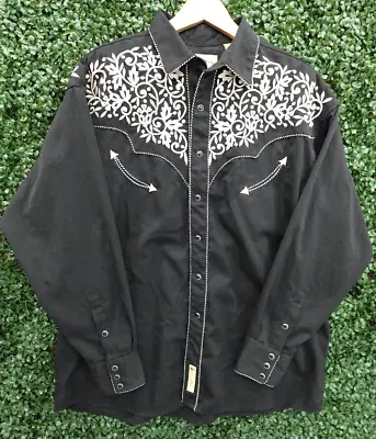 Larry Mahan Cowboy Western Embroidered Pearl Snap Black Shirt Rodeo Men's Sz XL • $44.99