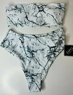 Zaful Strapless 2 PC High Cut Bandeau Bikini Set White/Black Tie-Dye Small/4 • $8.15