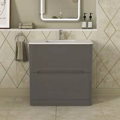 Infinity 800mm Gloss Anthracite Floor Standing Vanity Unit 2 Drawer Carrara Marb • £414.99