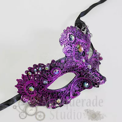 Women's Venetian Lace Mardi Gras Masquerade Mask With Rainbow Gems [Purple] • $14.95