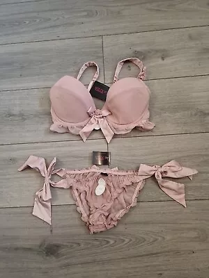 BNWT Vintage La Senza Pink Rosa Chiffon Bra & Tie Side Briefs Set Size 34D & 10 • $37.35