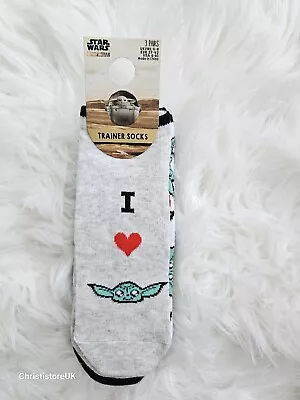 ❤Disney Star Wars Mandalorian Trainer Socks Baby Yoda 3 Pairs Shoe Liners UK 4-8 • £7.99