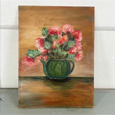 $49 • Buy Vintage Flower Painting Floral Geranium Teapot Unframed Canvas Board Signed