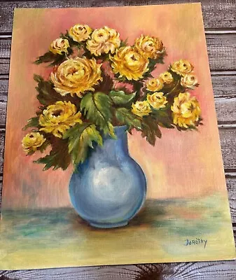 Flowers Yellow Roses Painting Oil On Canvas Mid Century Signed Vintage • $45