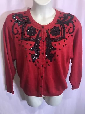 Dana Scott Large Red Sweater Blouse Top Black Beaded Sequin Buttons BB27 • $16