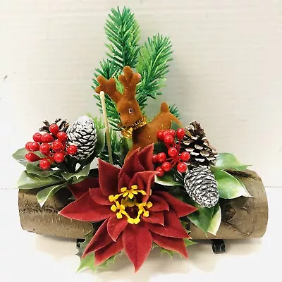 Vintage 1970s Christmas Centerpiece Plastic Flowers Flocked Deer On Wood Log • $30