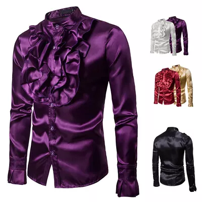 Men Satin Ruffle Shirts Chest Flower Prom Performance Costume Party Long Sleeve • £11.39