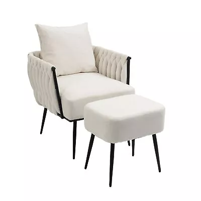 Linen Accent Chair W/ Ottoman Modern Upholstered Leisure Tufted Arm Chair Beige • $75.99