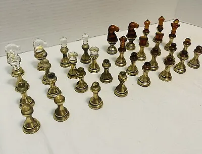 Vintage Brass Metal & Amber & Clear Glass Chess Set; • $149.99