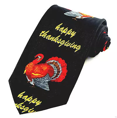 Happy Thanksgiving Men's Necktie Tom Turkey Bird Holiday Dinner Black Neck Tie • $14.90