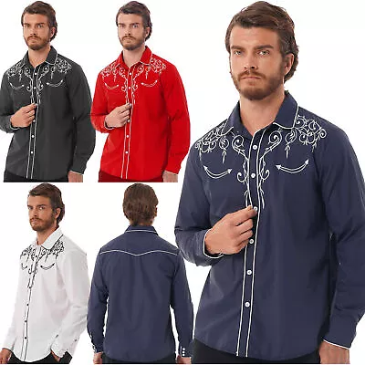 Mens Long Sleeve Western Cowboy Shirt Embroidered Shirts Slim Button Down Shirts • $26.59