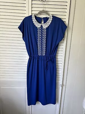 Vintage Blue Midi Dress Crochet Peter Pan Collar Embroidered Bodice Size 18 • $45