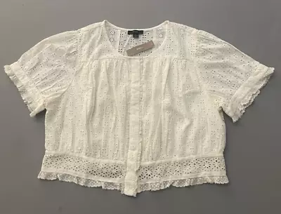 J. Crew White Button Front Eyelet Short Puff Sleeve Crop Top 100% Cotton XL NWT • $28.95