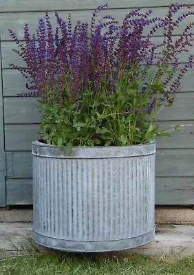 Large Vintage Galvanised Metal Ribbed Round Tub Planters Plant Flower Pot Garden • £23.96