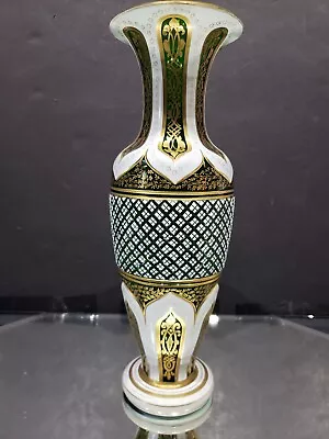 12  Art Glass VASE White Green Overlay Cut Antique Bohemian Gold Gilt Attr Moser • $449.95