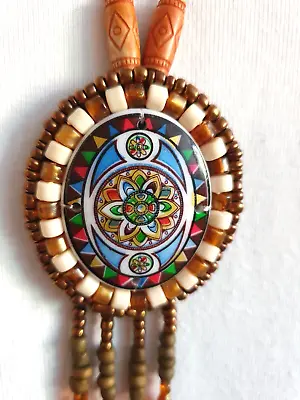 Artisan Mandala Beaded Oval Tassel Leather Backed Pendant Suede Cord Metal Free • $19.90