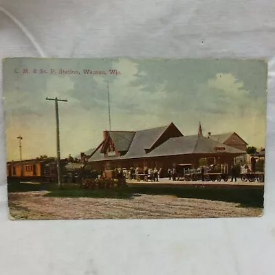 Vtg Postcard C M & ST P Railroad Station Wausau Wisconsin 1913 • $17.98