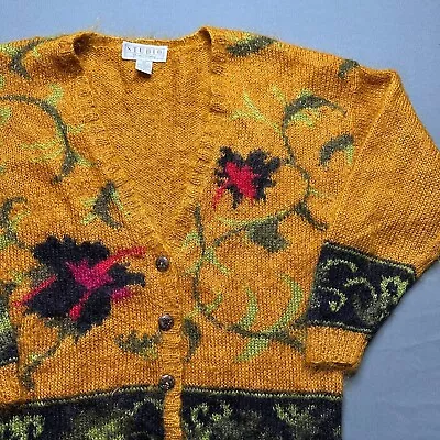 Vintage Mohair Sweater Womans M Yellow Cardigan Floral 80's Cute Flowers • $34.99