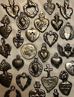 25 Milagro HEART Charms Mix Mexican Folk Art Dark Antique SILVER All HEARTS • $19.95