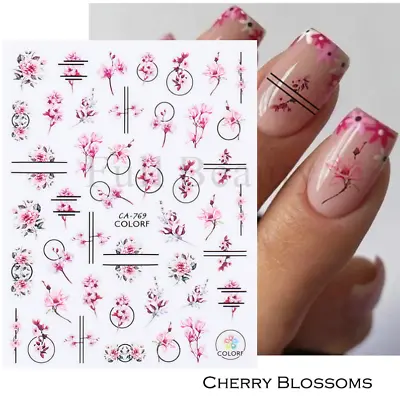 3D Nail Stickers Pink Cherry Blossom Flower Self-Adhesive Slider Decoration NH7 • $2.95