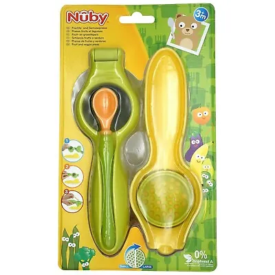 Nuby Fresh Food Baby Press With Handle Mashing Squeeze Serve With Spoo 3m+ • £6.98