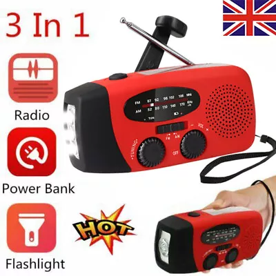 2in1 Portable Wind Up Solar USB Rechargeable Hand Crank AM FM Radio Light Torch • £15.98