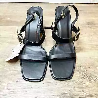 ZARA Square Toe Strappy Leather Sandals 10 Black NWT  • $68