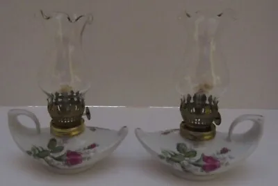 2 Vintage Oil Lamp Moss Rose Mini Genie Ceramic Porcelain Oil Kerosene Lamp • $19.99