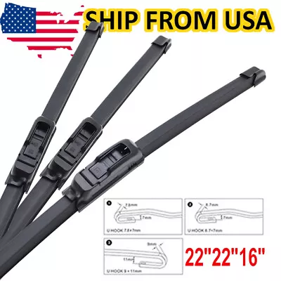 Wipers 3 Pack Front Rear Standard Flat Window Windshield Wipers 22 22 16  Hooks • $12.85