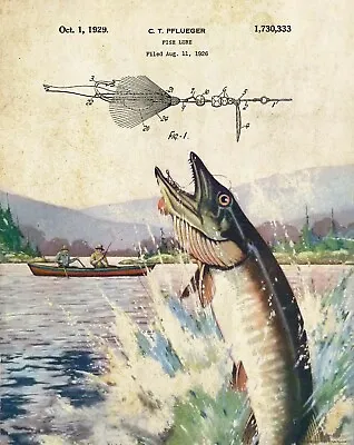 Vintage Fishing Lure Patent Art Print Muskie Fish Club Cabin Wall Decor Gift  • $9.95