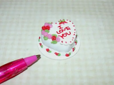 Miniature Heart Valentine's Day Cake  I LOVE YOU  On Clay Plate: DOLLHOUSE 1:12 • $5.98