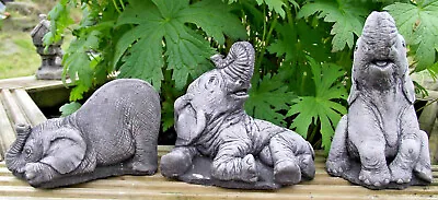 Small (max 4 ) Elephant Set 3 Pc Hand Cast Stone Garden Ornament Concrete Cement • £11.99