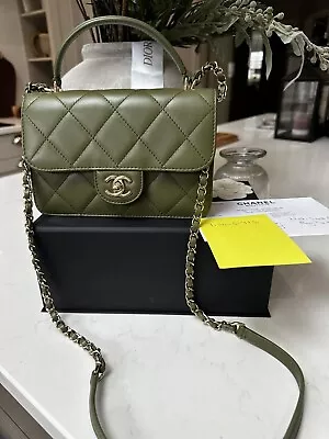 CHANEL Small Flap Bag With Top Handle Green Calfskin Immaculate Receipt • £3350