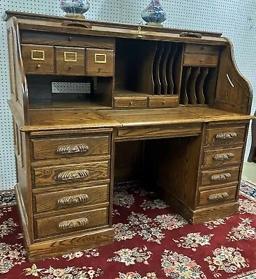 Vintage Beautiful American 60  Oak Crest S Curved Golden Oak Roll Top Desk  • $2250