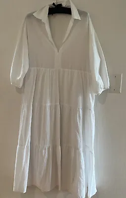 $14 • Buy ZARA White. Puff  Sleeve Tiered Midi Shirt Dress Women’s Size M