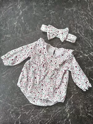 Baby Girls Ruffle Floral Romper And Headband Set 3-6 Months • £6.99