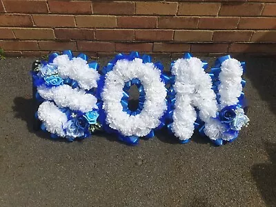  Artificial Silk Tribute SON FUNERAL Letters  Name Flower Wreath MUM DAD BRO NAN • £46