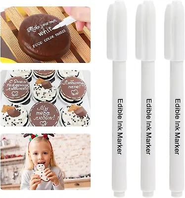 White Edible Markers 3Pcs White Food Grade Coloring Pens Edible Pen For DIY • £12.47