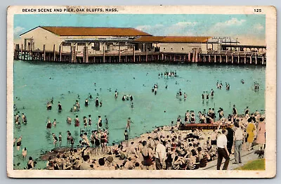 Vintage Postcard MA Oak Bluffs Beach Pier Crowds White Border ~7917 • $1.93