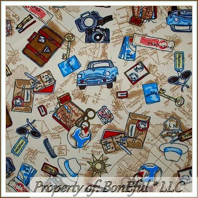 BonEful Fabric FQ Cotton Quilt Flannel VTG World Travel Route 66 Car Camera Map • $4.56