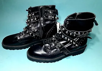  New  Womens Size 5 Eu 36  Zara  Black Leather Rhinestone Studded Boots • $28